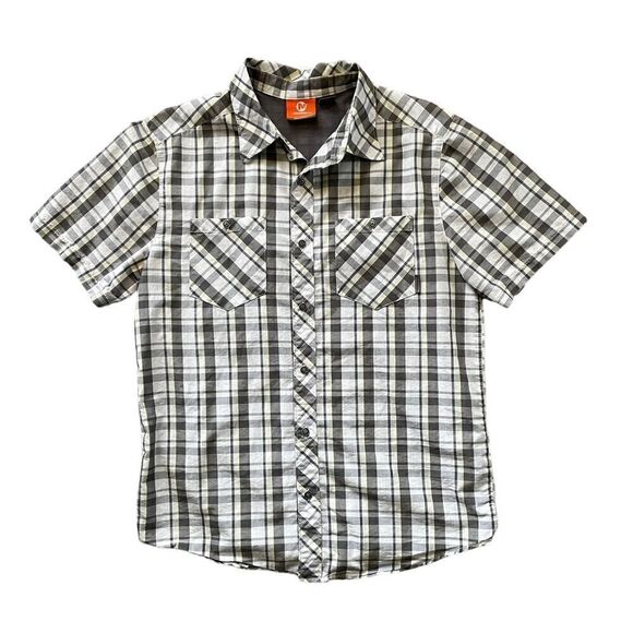 MERRELL Short Sleeve Button Down Plaid Shirt Green Gray White Size Medium - Picture 1 of 4